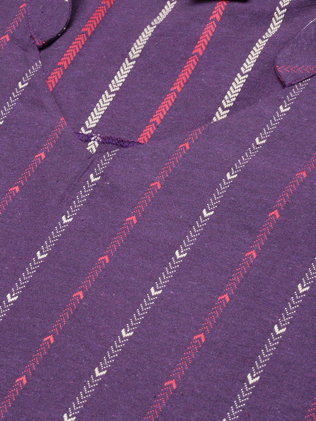 KALINI Striped Printed Mandarin Collar Three-Quarter SleevesThread Work Kurta Set