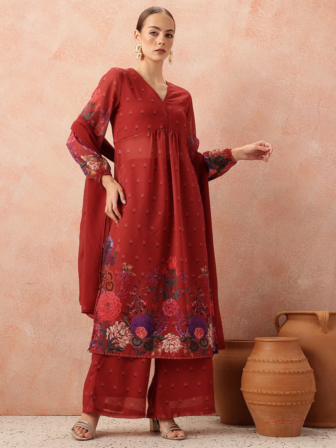 all about you Women Floral Printed Pleated Kurta with Trousers & Dupatta