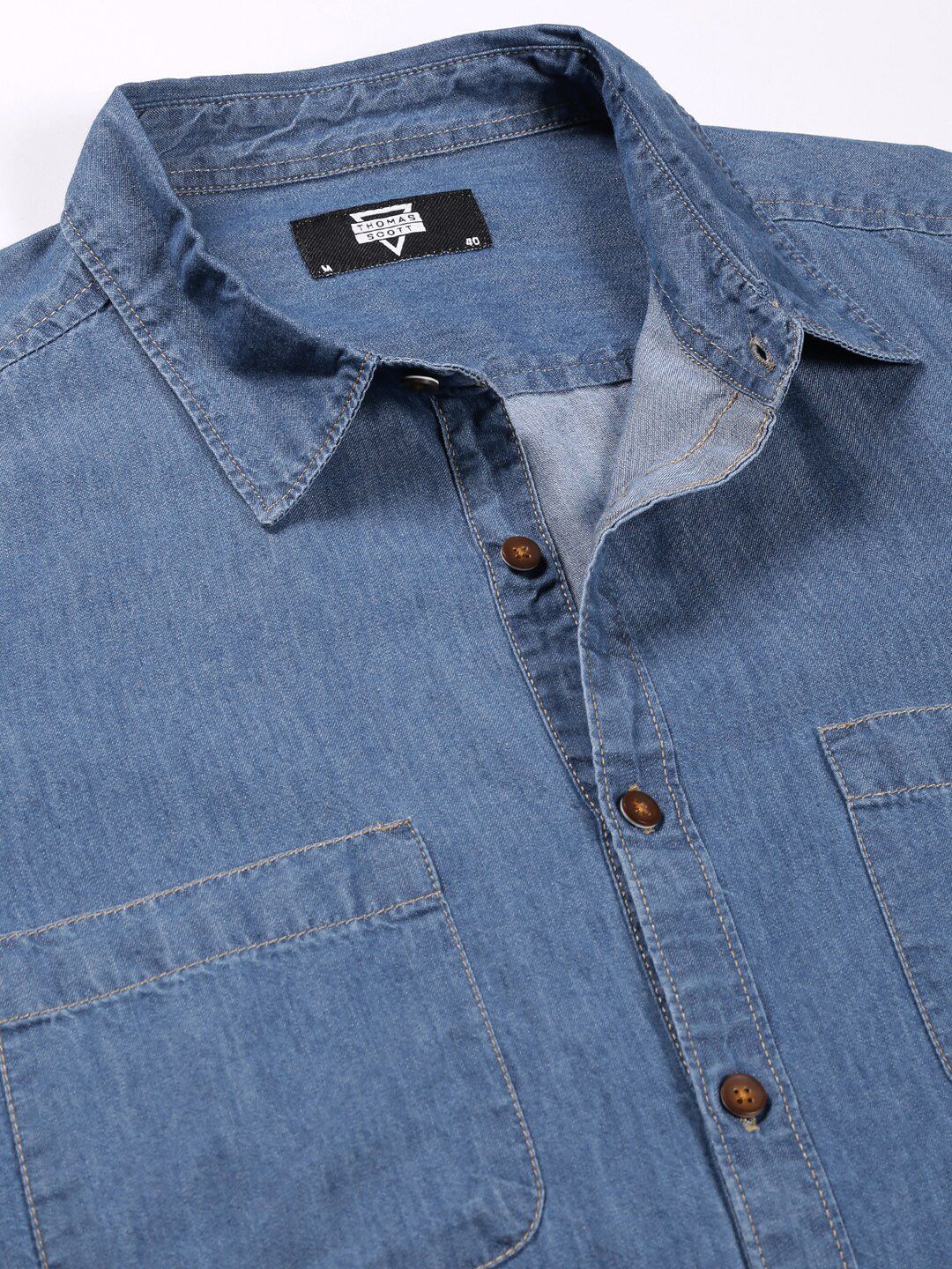 Thomas Scott Smart Slim Fit Denim Spread Collar Long Sleeves Cotton Casual Overdyed Shirt