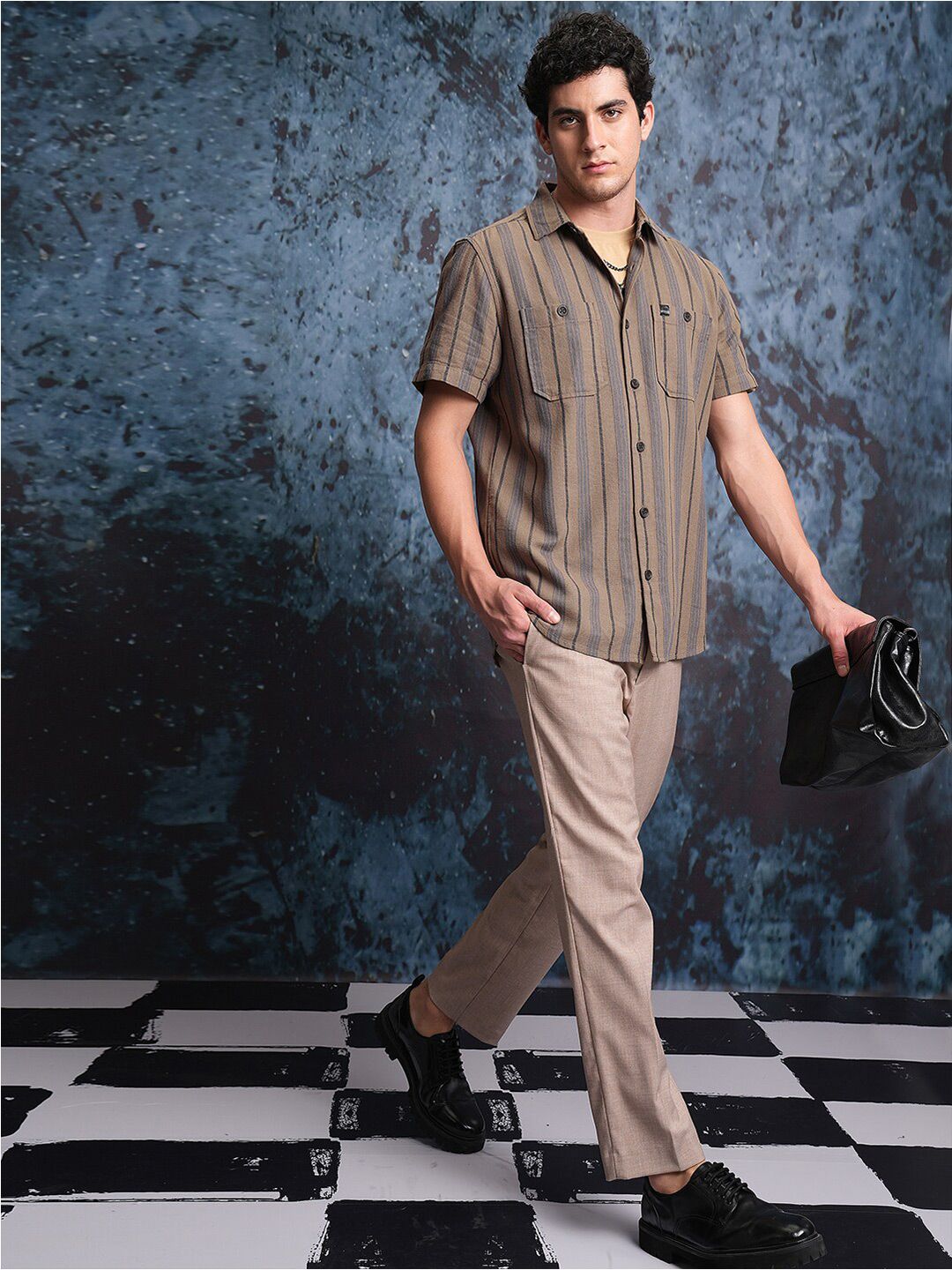 Locomotive Men Brown Mock Lino Dobby Textured Striped Utility Pocket Regular Shirt