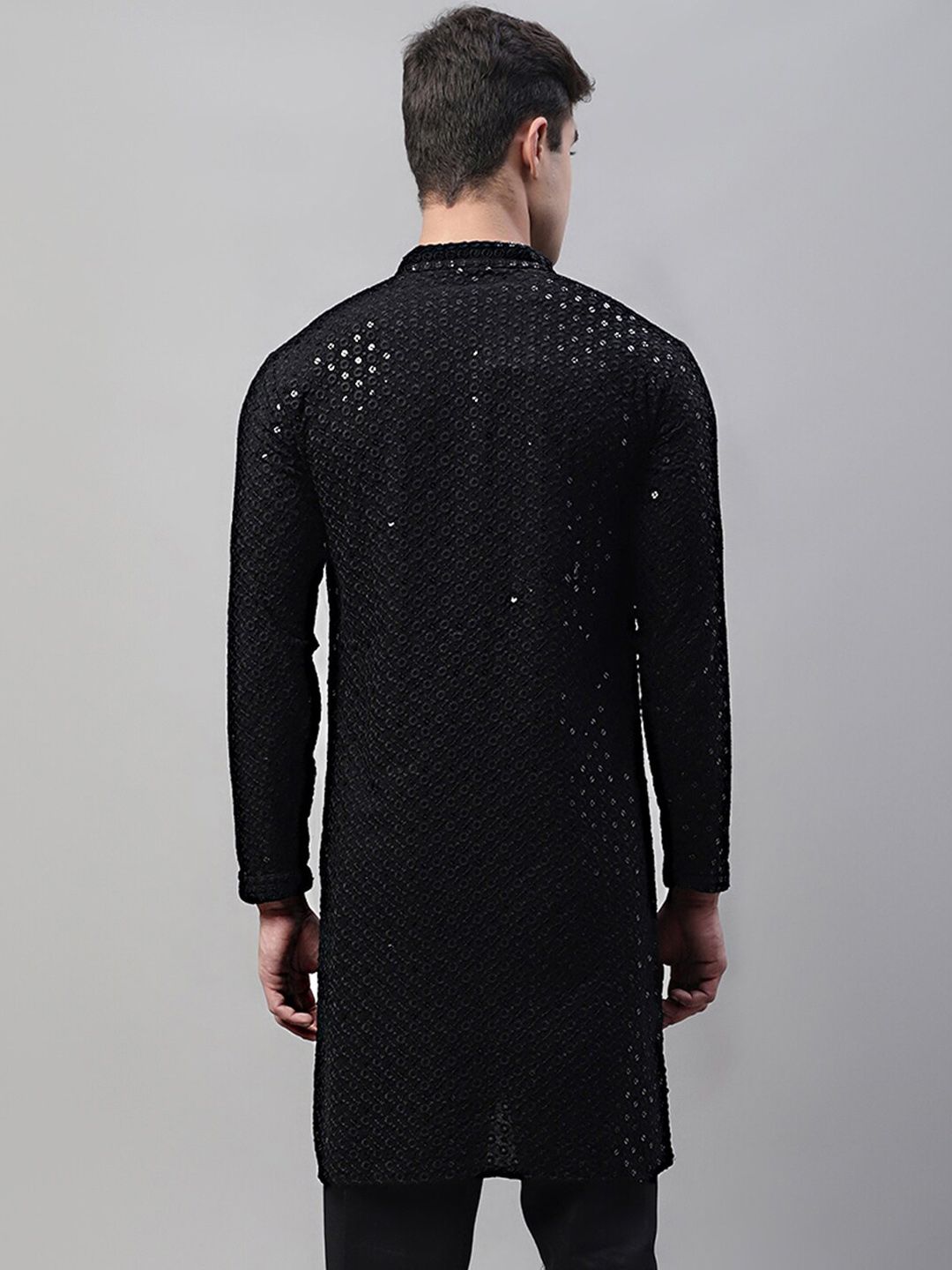 Jompers Floral Embroidered Mandarin Collar Sequinned Pure Cotton Kurta