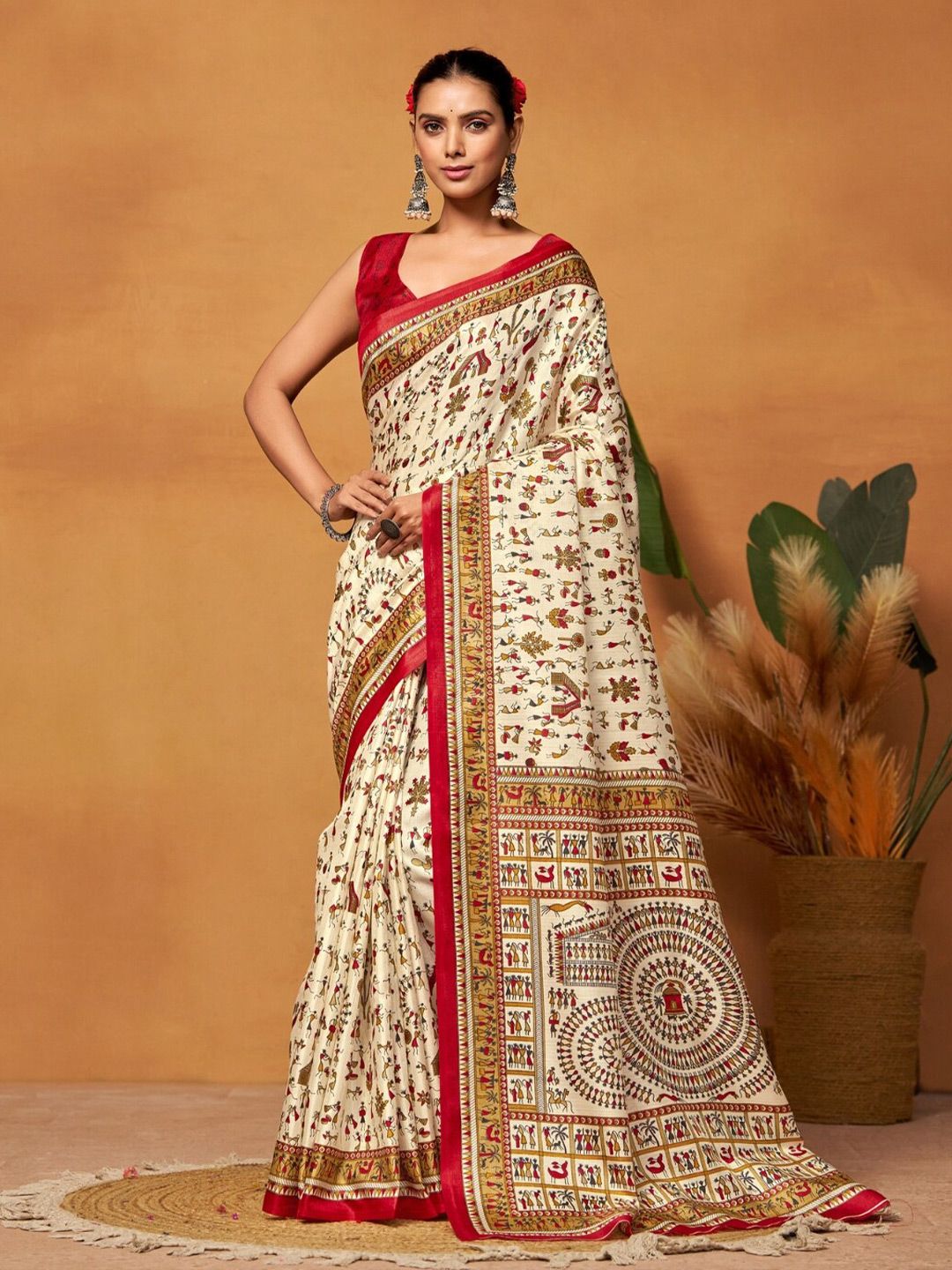 KALINI Warli Art Silk Block Print Saree