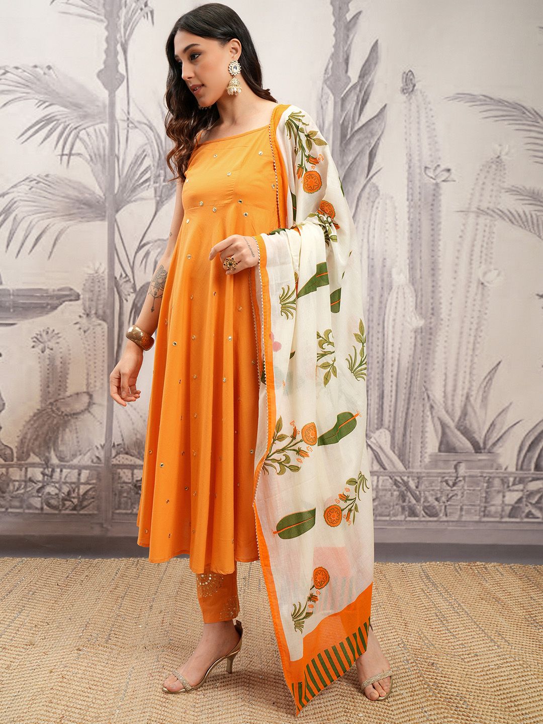 Vishudh Orange & Cream Embroidered Mirror Work Pure Cotton Kurta with Trousers & Dupatta