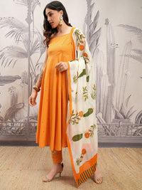 Vishudh Orange & Cream Embroidered Mirror Work Pure Cotton Kurta with Trousers & Dupatta