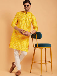 SOJANYA Mandarin Collar Geometric Embroidered Thread Work Silk Cotton Kurta