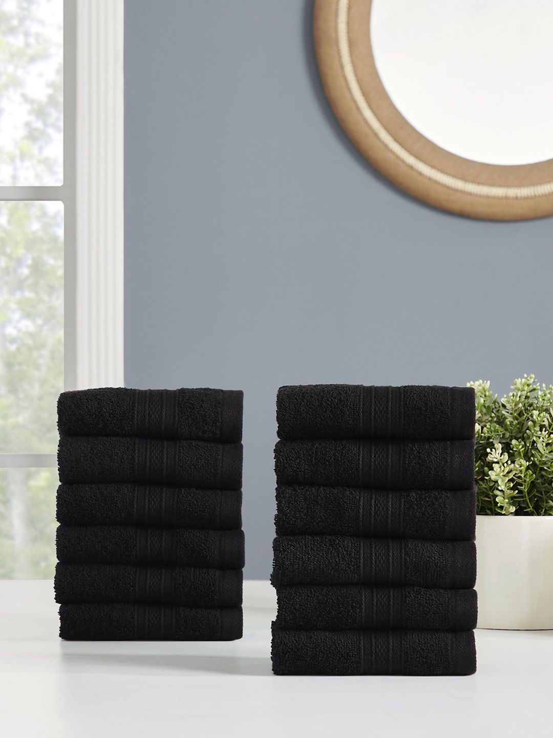 MYTRIDENT Black Set Of 12 500 GSM Solid Face Towels
