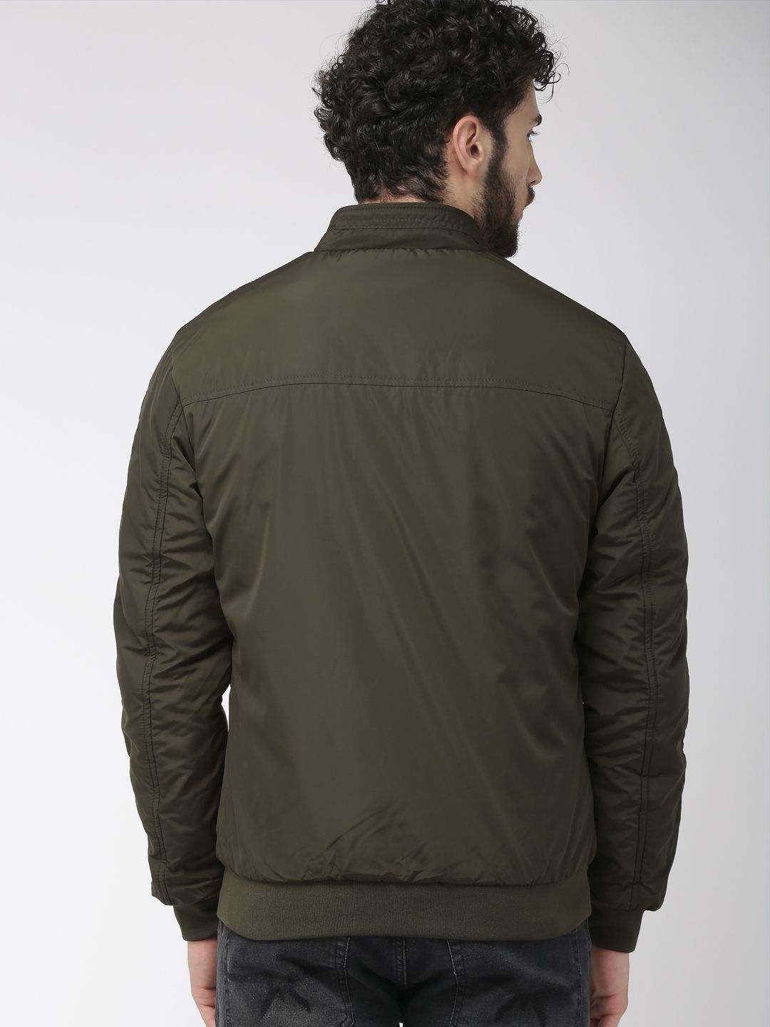 The Indian Garage Co Men Olive Green& Black Solid Reversible Bomber Jacket