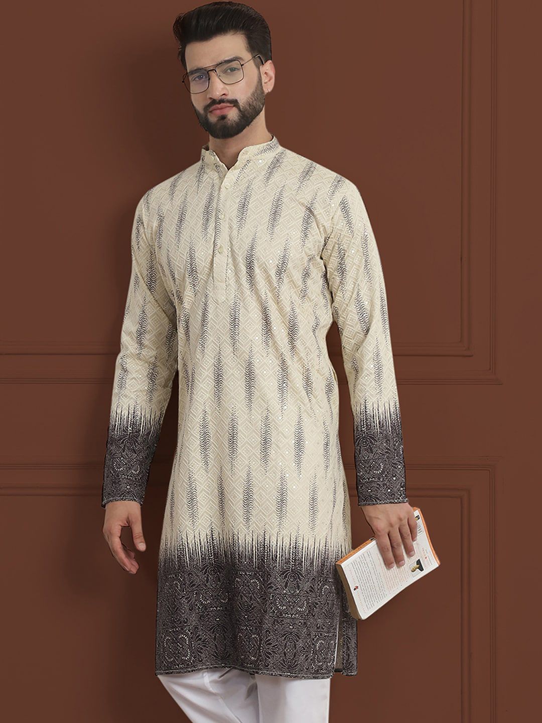 SOJANYA LUXE Kurta Lurus Bersulam Labuci Mandarin Cotton Kolar