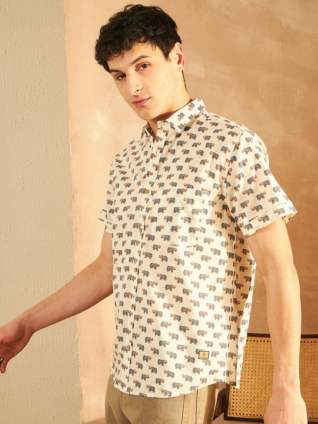 DENNISON Smart Ethnic Motifs Printed Spread Collar Cotton Oversized Lightweight Shirt