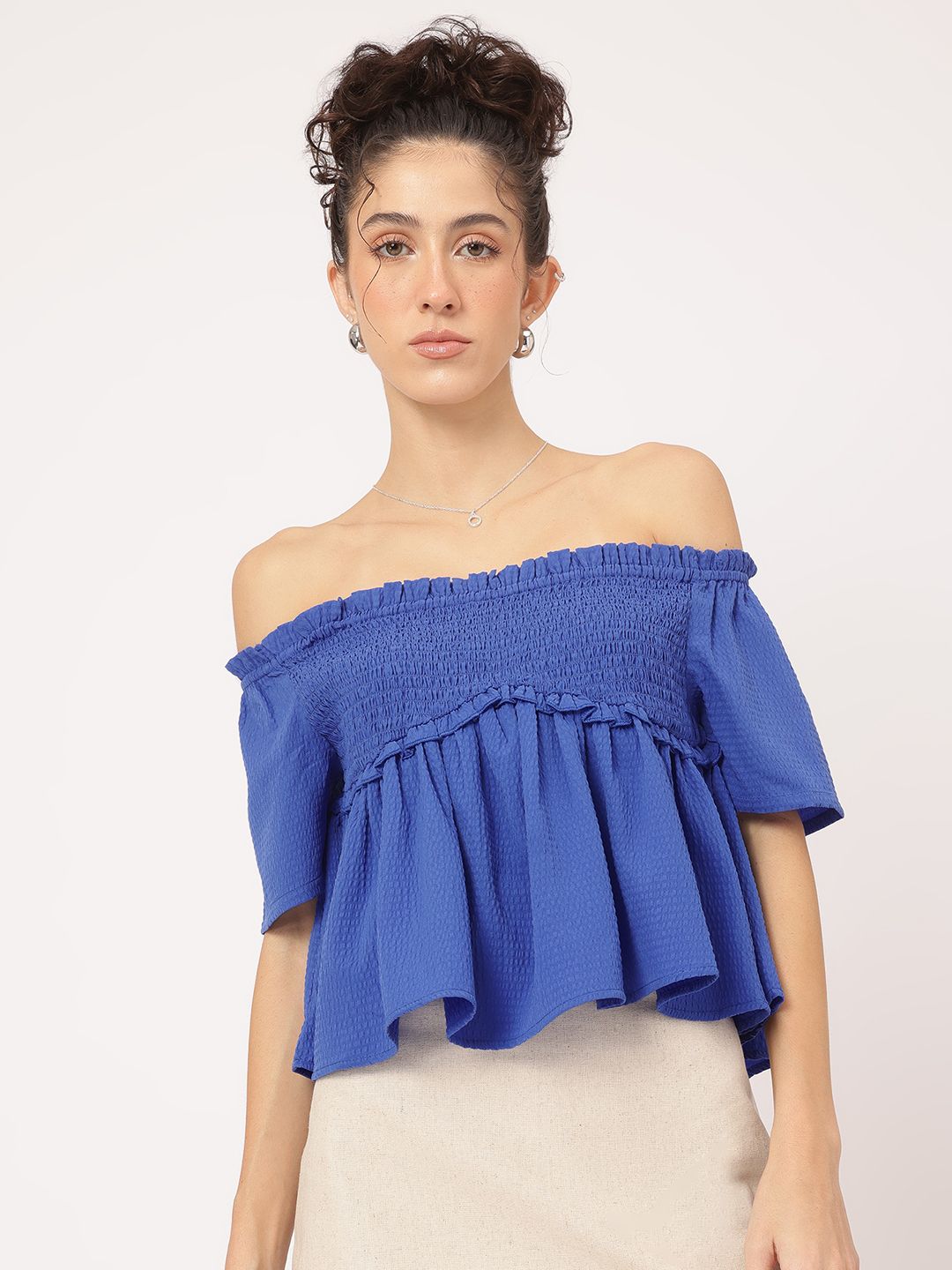DressBerry Smocked Escape Ruffled Seersucker Bardot Top