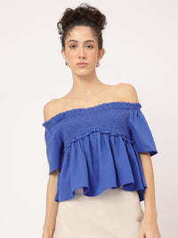 DressBerry Smocked Escape Ruffled Seersucker Bardot Top
