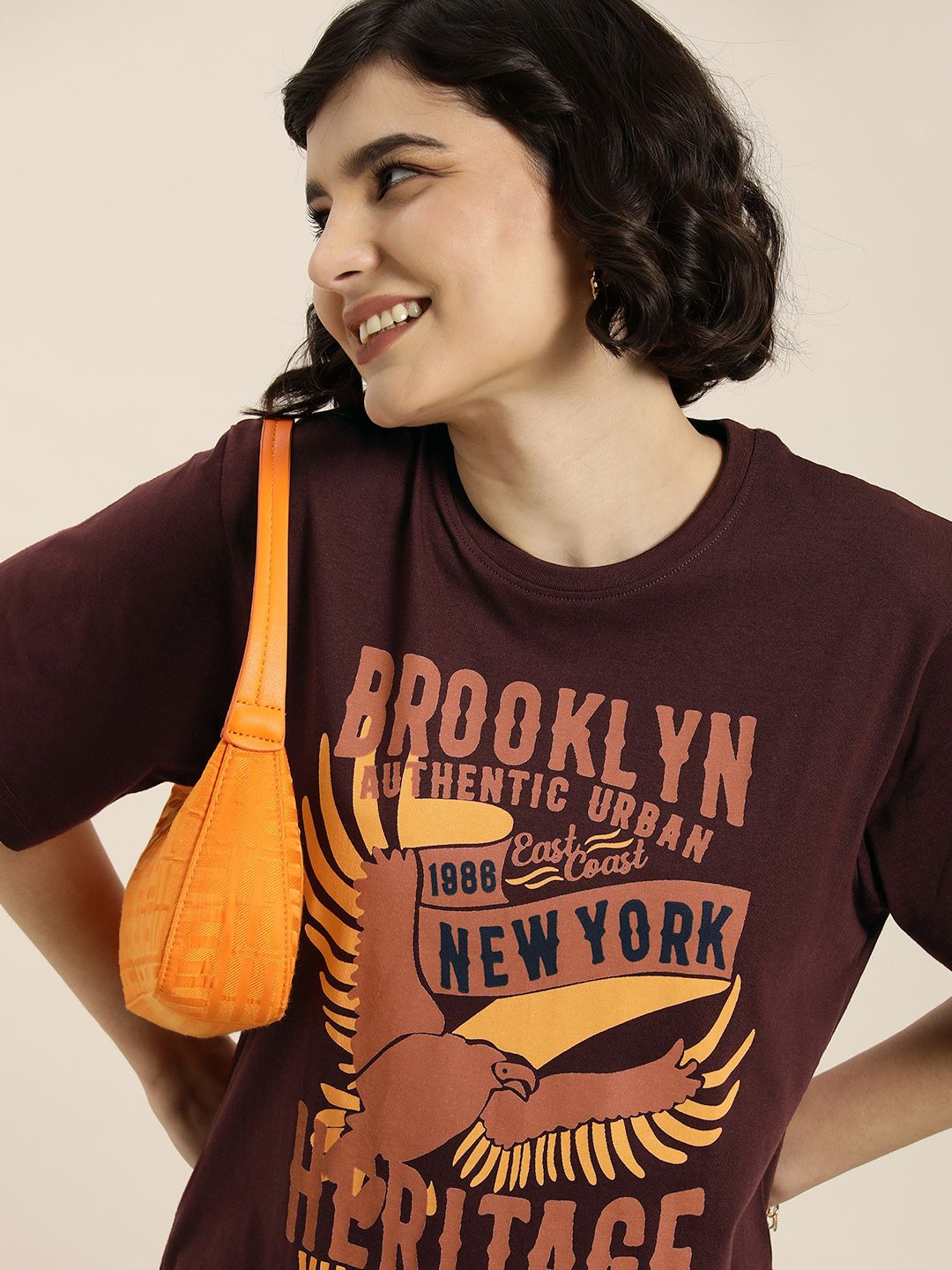 DILLINGER Women Maroon & Peach-Coloured Typography Pure Cotton Oversized T-shirt