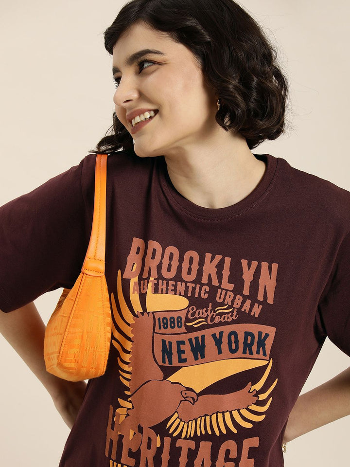 DILLINGER Women Maroon & Peach-Coloured Typography Pure Cotton Oversized T-shirt