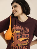 DILLINGER Women Maroon & Peach-Coloured Typography Pure Cotton Oversized T-shirt