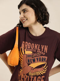 DILLINGER Women Maroon & Peach-Coloured Typography Pure Cotton Oversized T-shirt