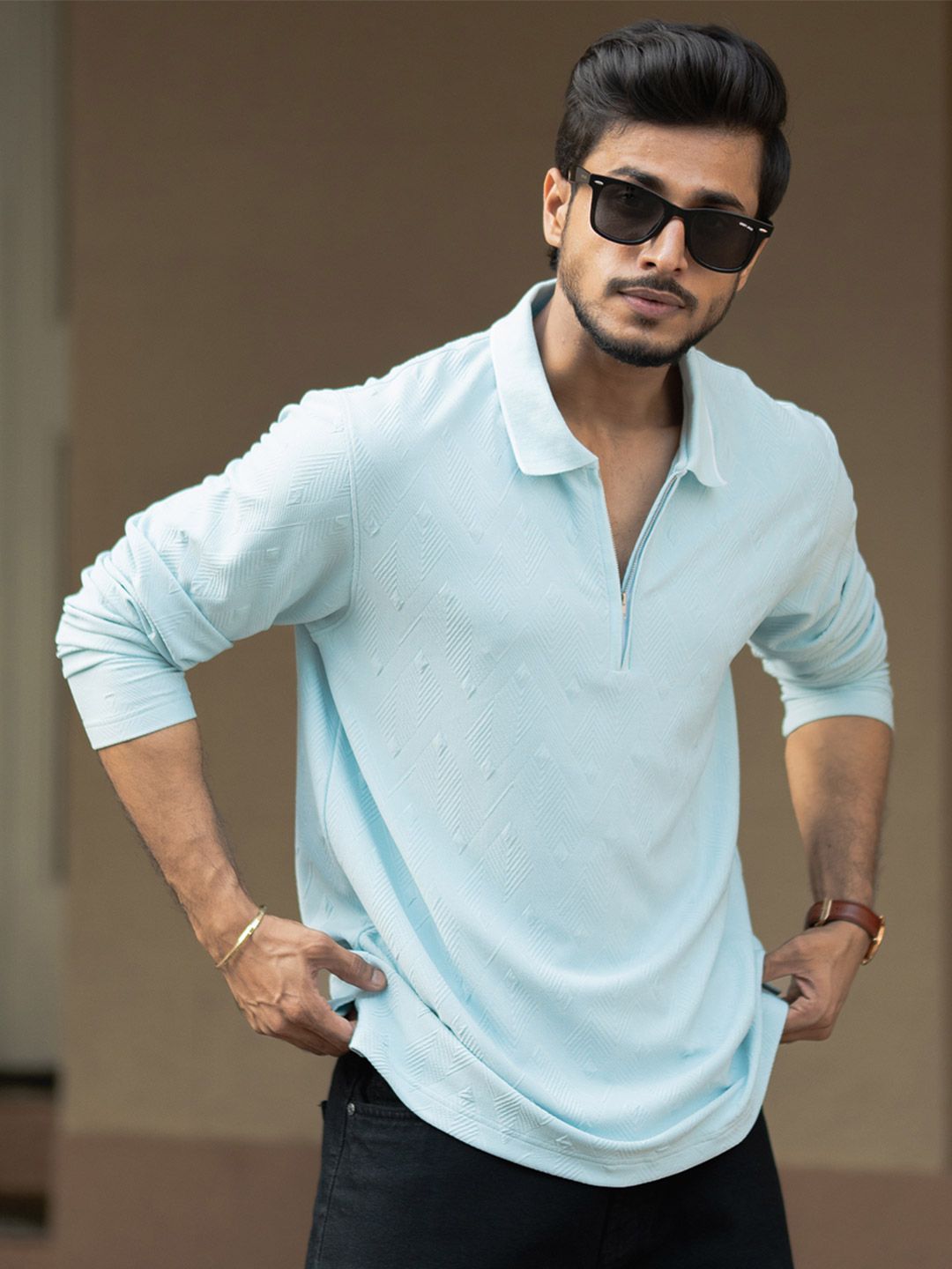Powerlook Men Self Design Polo Collar T-shirt