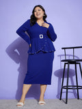 SASSAFRAS Curve Blue Plus Size Long Sleeve V-Neck Belted Beads Peplum Midi Dress