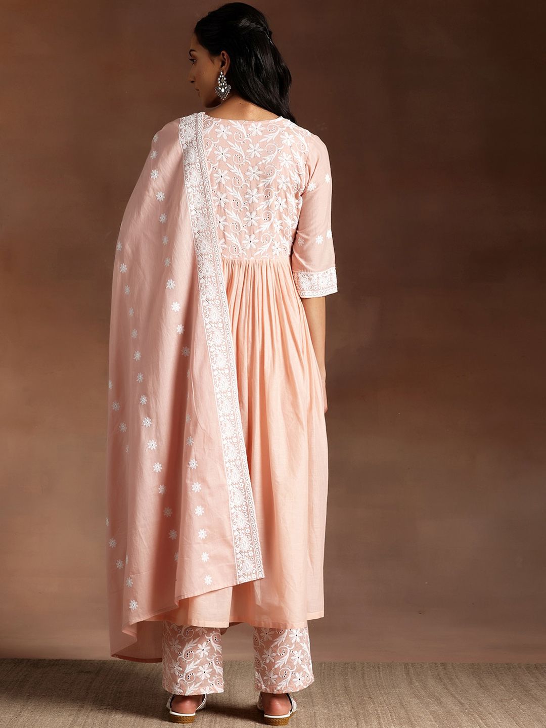 Libas Peach Ethnic Motifs Embroidered V-Neck Thread Work Pure Cotton A-Line Kurta Set