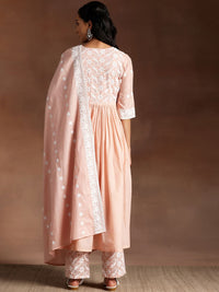 Libas Peach Ethnic Motifs Embroidered V-Neck Thread Work Pure Cotton A-Line Kurta Set