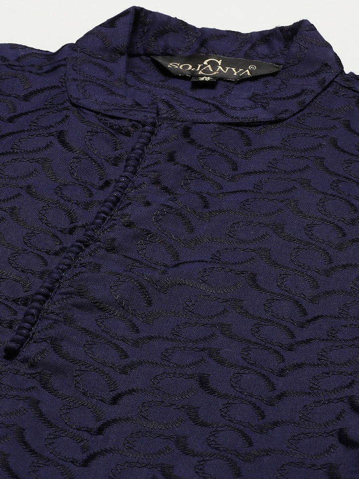 SOJANYA Men Navy Blue Chikankari Pure Cotton Kurta with Churidar & Nehru Jacket