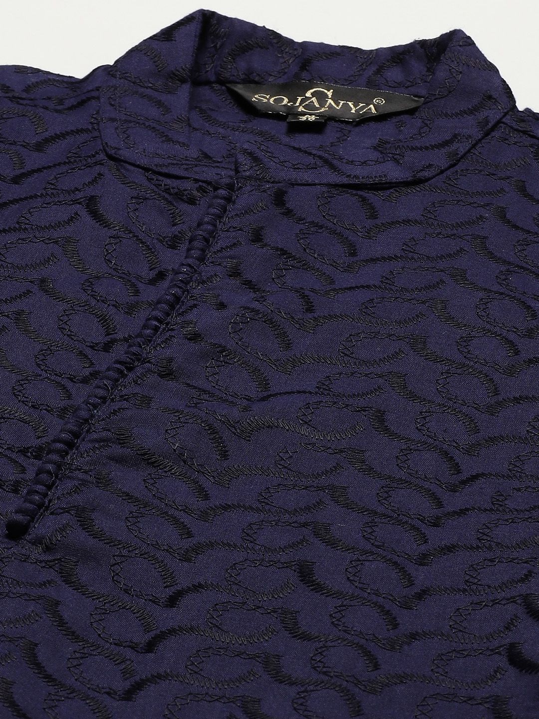 SOJANYA Lelaki Navy Blue Chikankari Pure Cotton Kurta with Churidar & Nehru Jacket