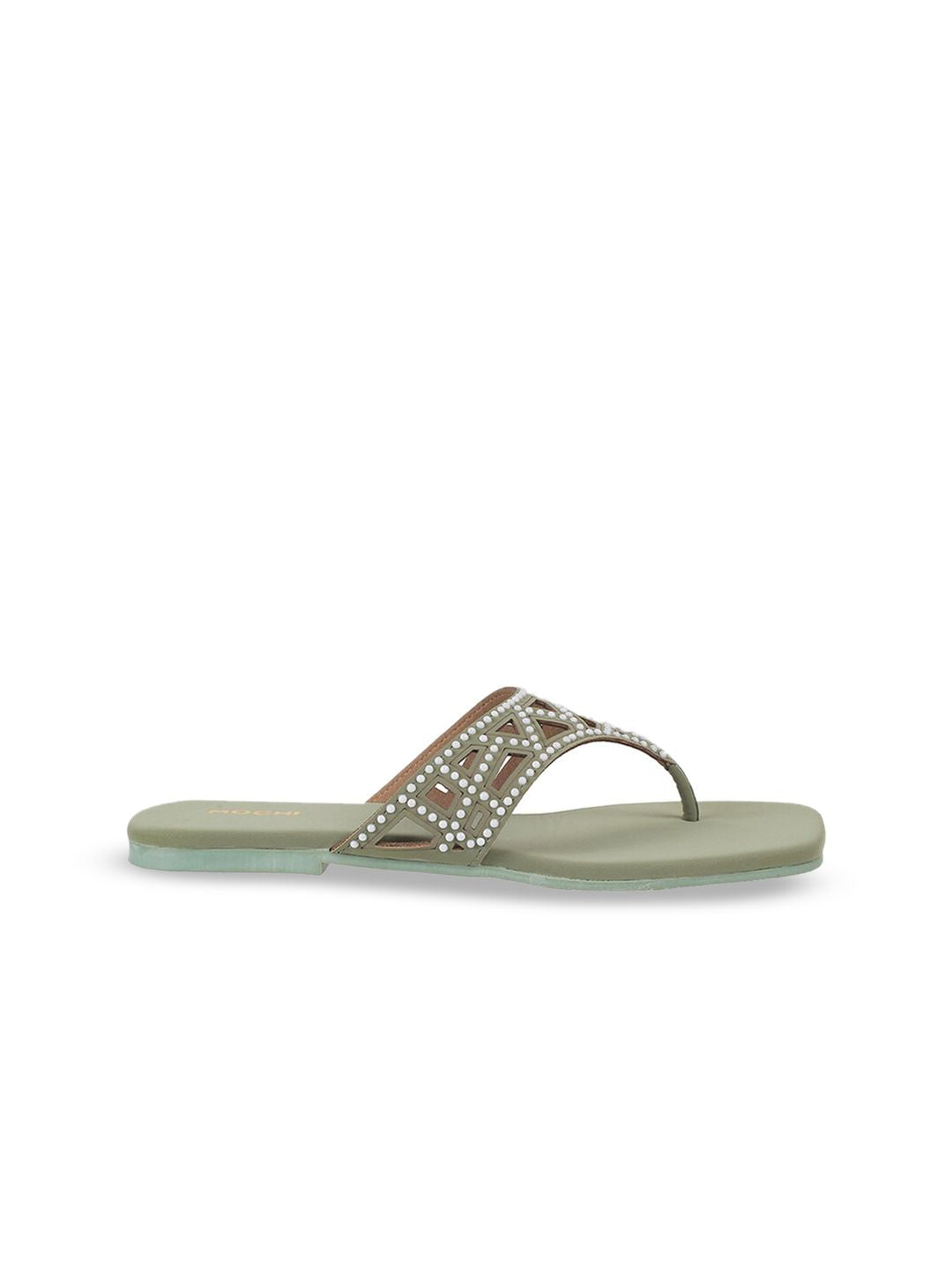 Mochi Embellished Open Toe Flats With Laser Cuts