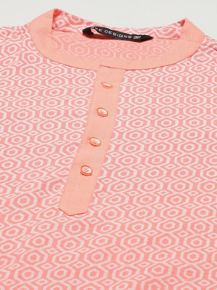 See Designs Men Coral Pink Printed Pure Cotton Kurta with Trousers