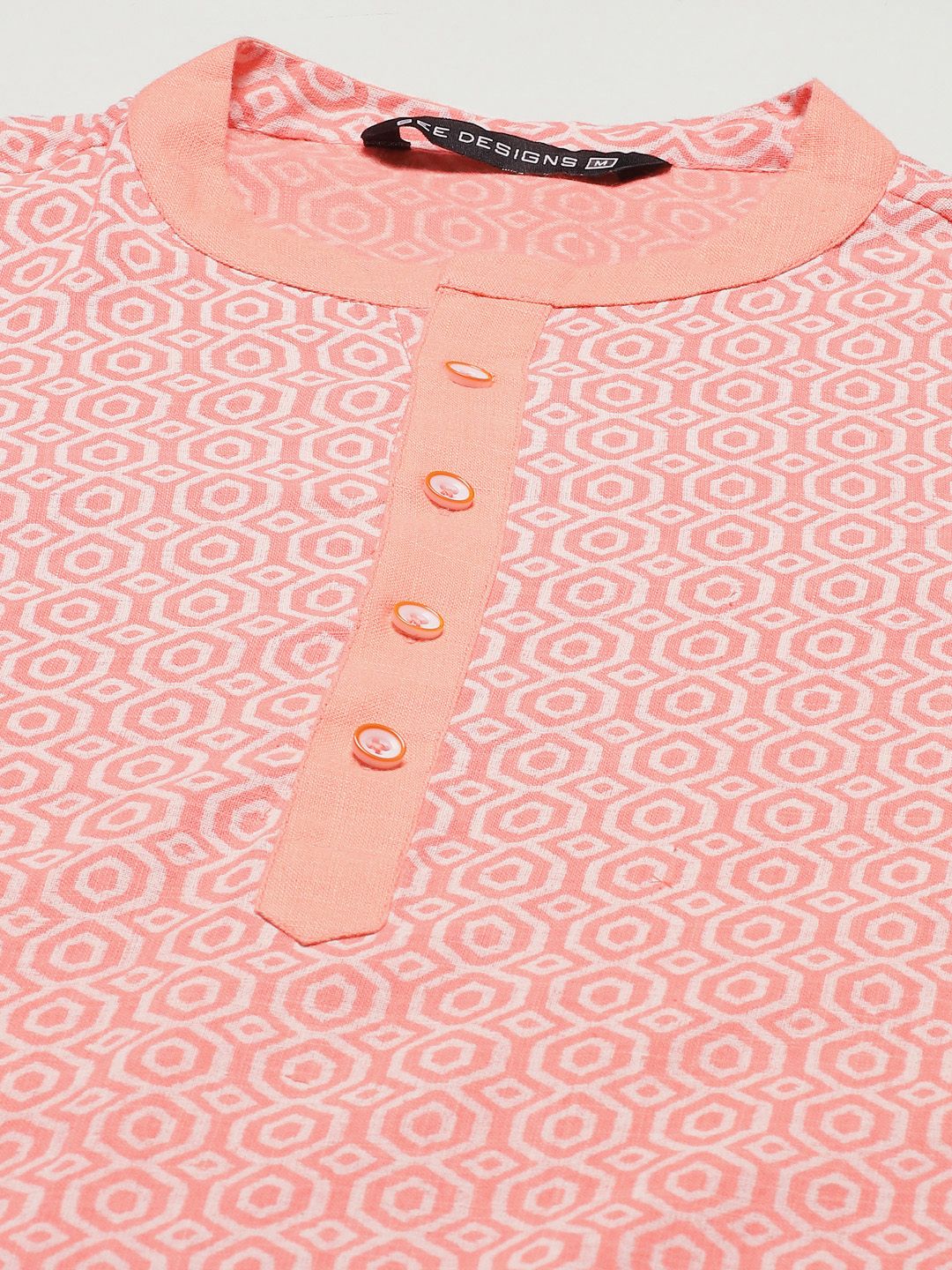 See Designs Men Coral Pink Printed Pure Cotton Kurta with Trousers