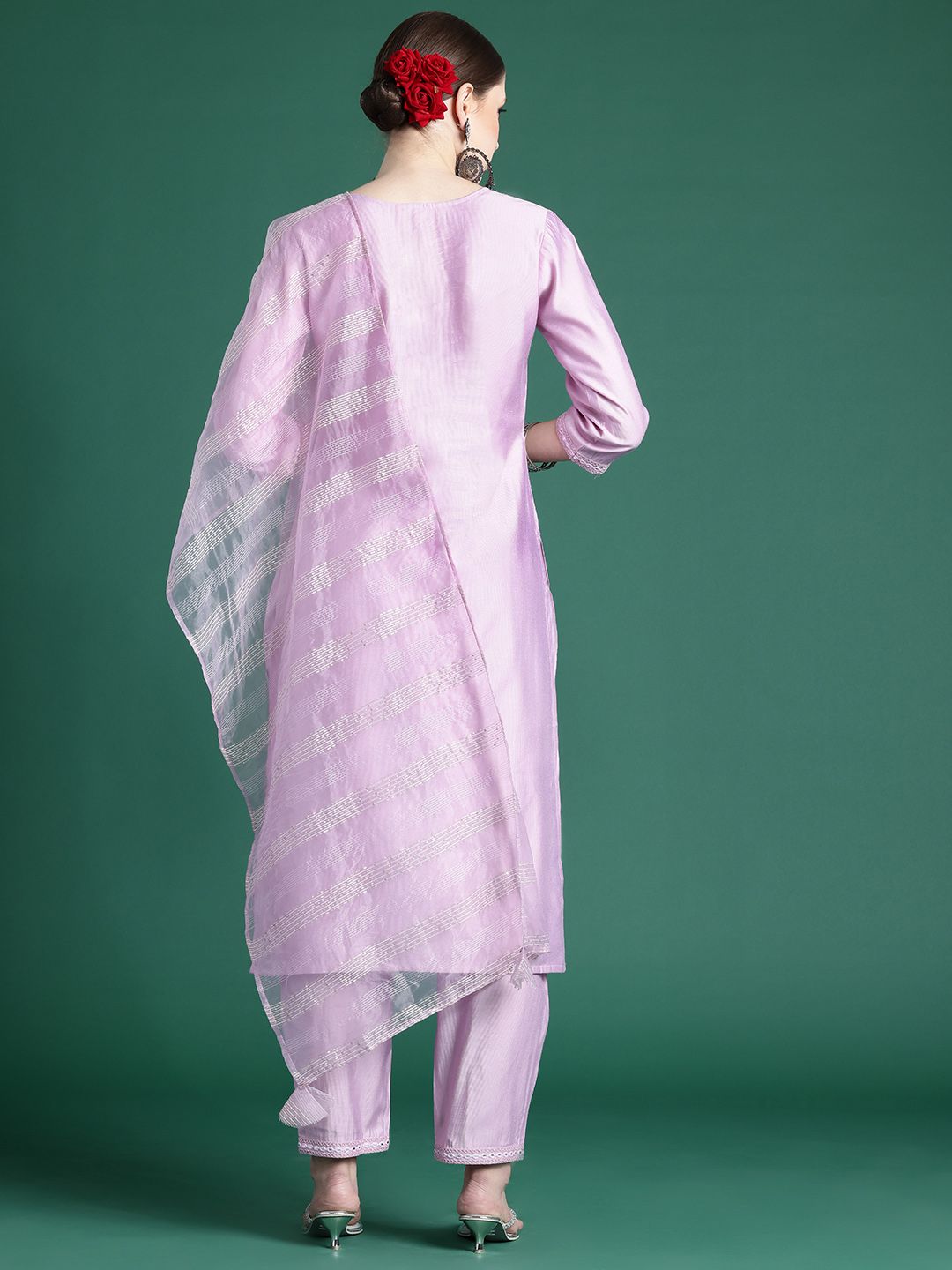 Indo Era Yoke Design Mirror Work Liva Kurta With Trousers & Dupatta