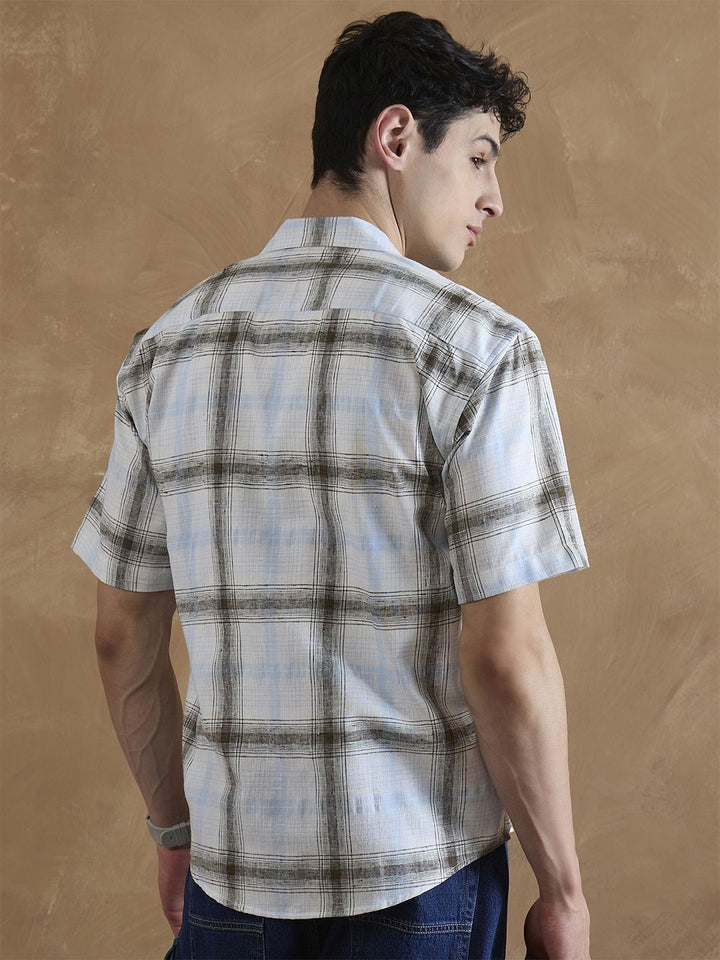 DENNISON Men White and Light Blue Checked Shirt