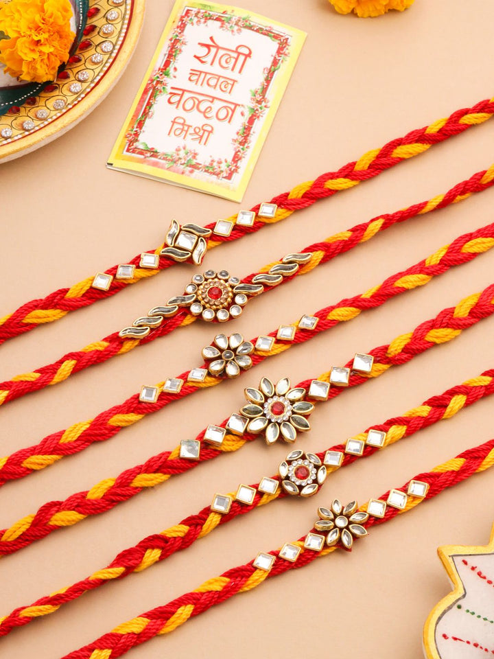 NVR Unisex Set of 6 Kundan Studded Floral Thread Rakhi with Roli Chawal Chandan Mishri