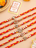 NVR Unisex Set of 6 Kundan Studded Floral Thread Rakhi with Roli Chawal Chandan Mishri