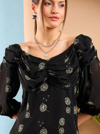 SASSAFRAS Floral Printed Puff Sleeve Tropical Georgette Top
