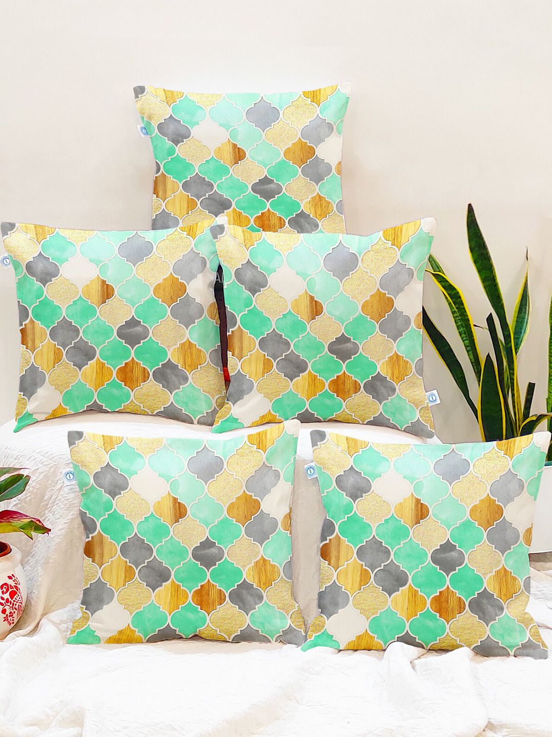 STITCHNEST Green & Yellow Set of 5 Geometric Printed 16" X 16" Square Cushion Covers