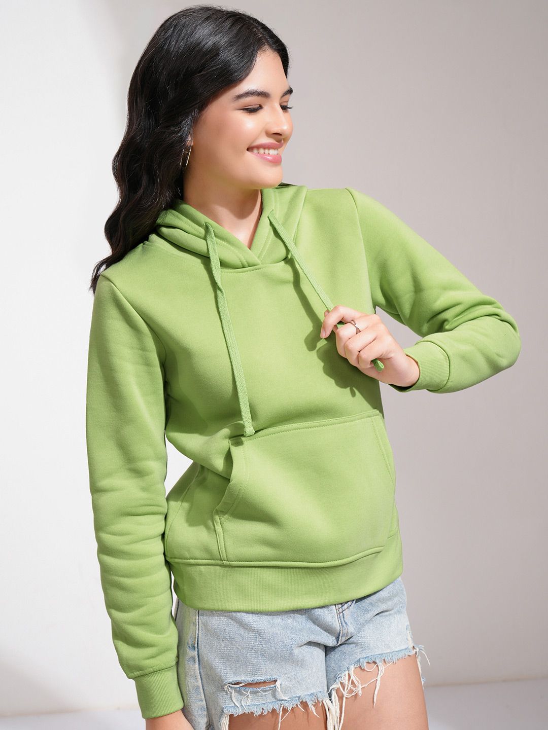 Tokyo Talkies Women Lime Green Hooded Sweatshirt