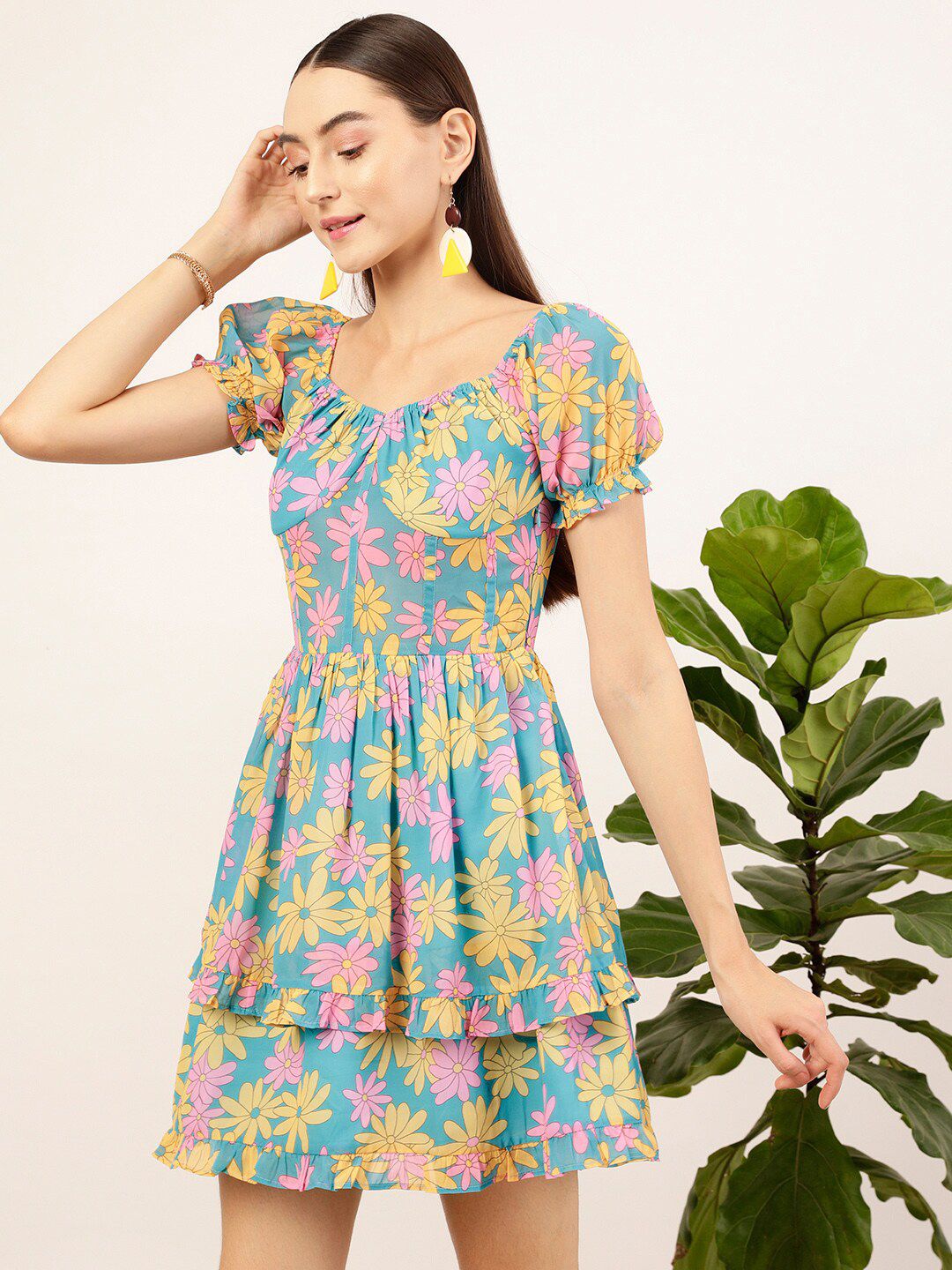 STREET 9 Blue & Mustard Floral Printed Sweetheart Georgette Fit & Flare Dress