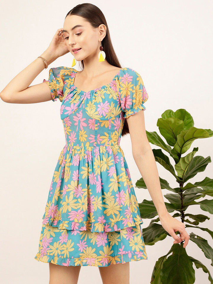 STREET 9 Blue & Mustard Floral Printed Sweetheart Georgette Fit & Flare Dress