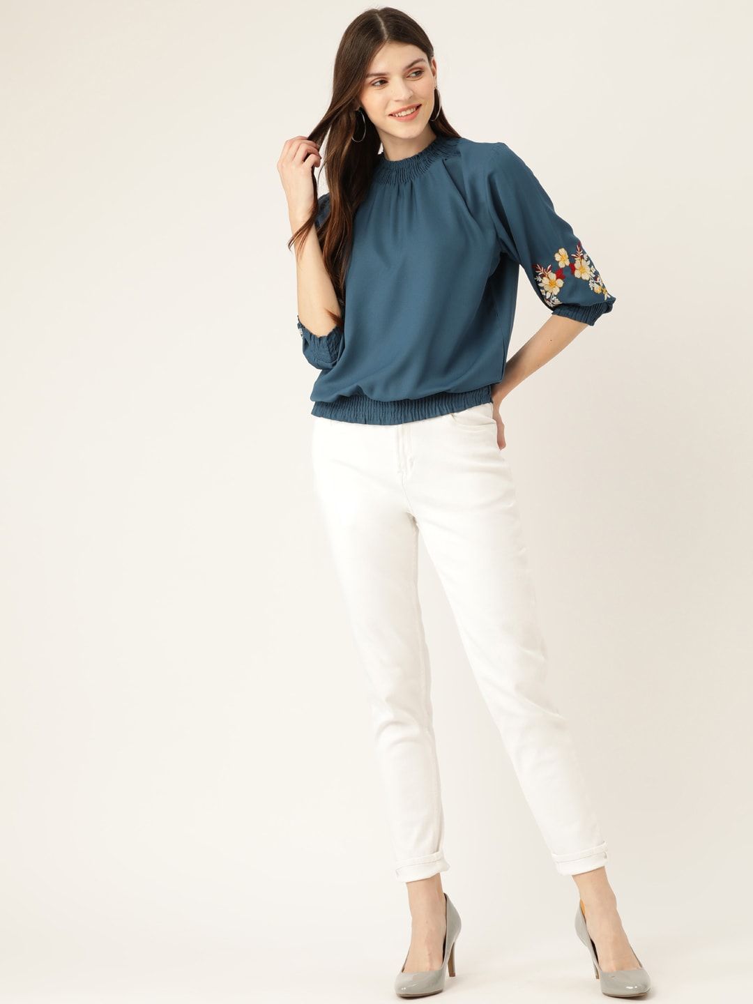 DressBerry Teal Blue Smocked Detail Atasan Blouson