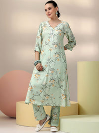Libas Sea Green Floral Printed V-Neck Tunic With Palazzo