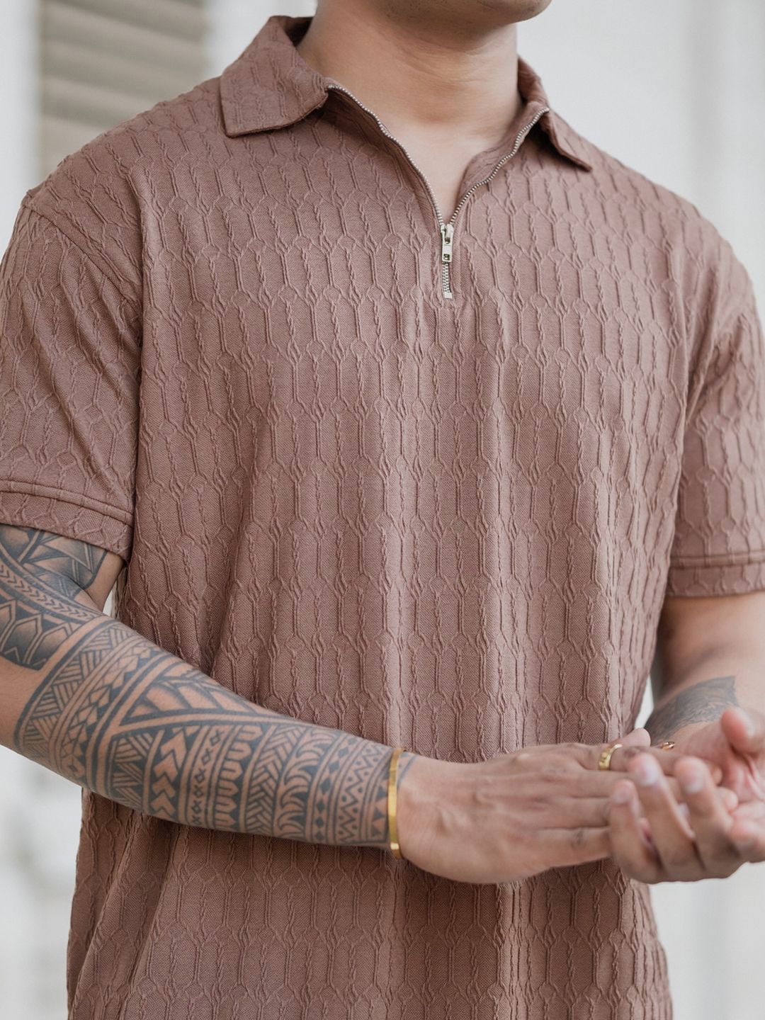 Powerlook Men Self Design Polo Collar Cotton T-shirt