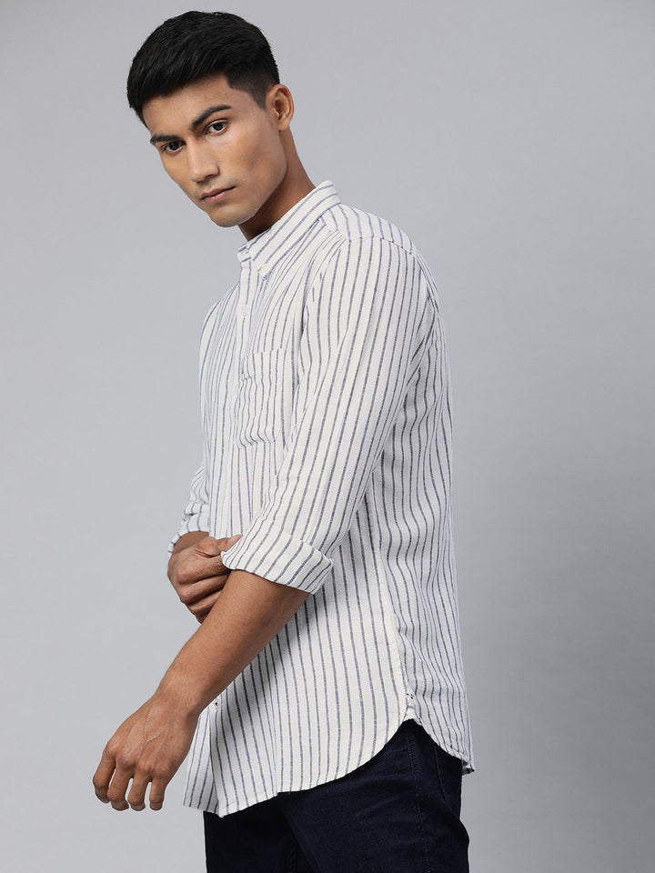 THE BEAR HOUSE Men White & Black Slim Fit Striped Cotton Casual Shirt
