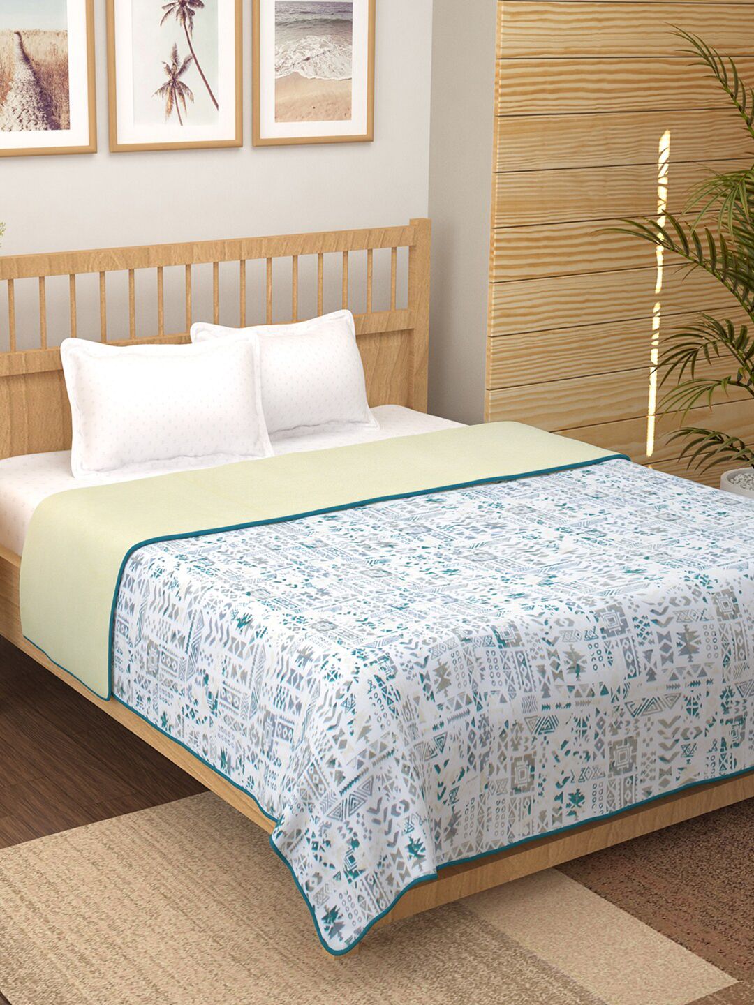 Story@home White & Yellow Printed AC Room 150 GSM Reversible Cotton Double Bed Dohar