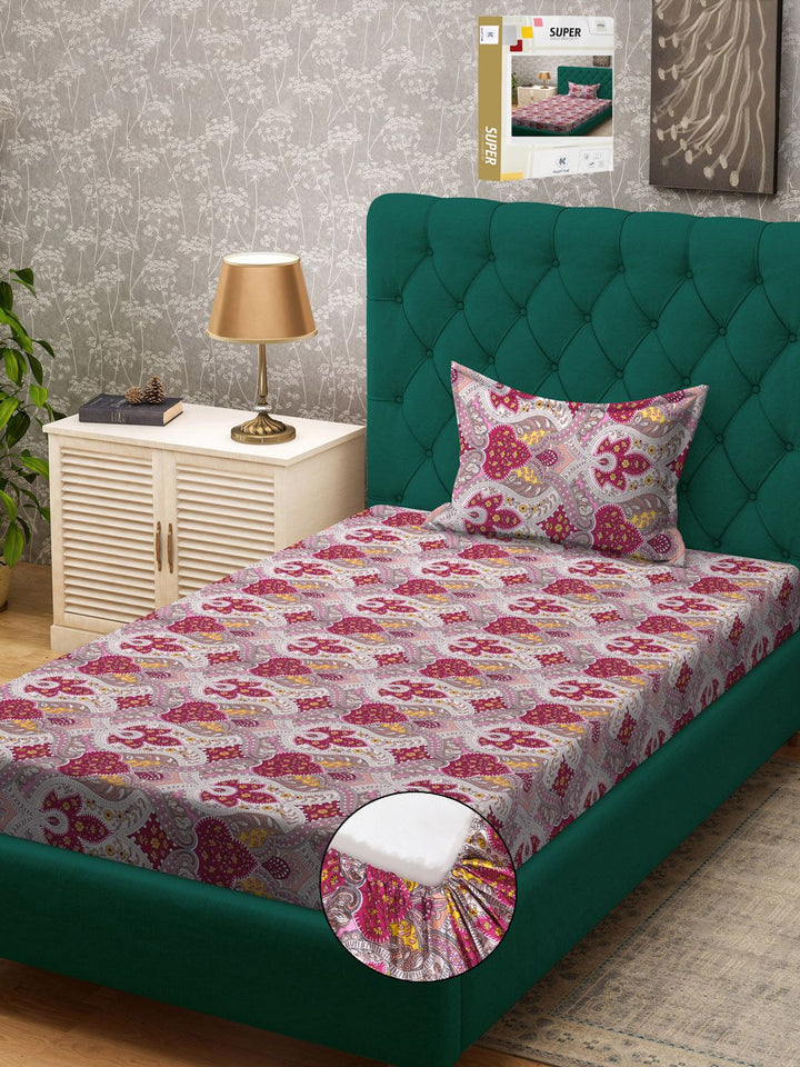 KLOTTHE Motif Etnik Merah Jambu & Beige Dicetak 300 TC Cadar Dilengkapi Tunggal Dengan Sarung Bantal