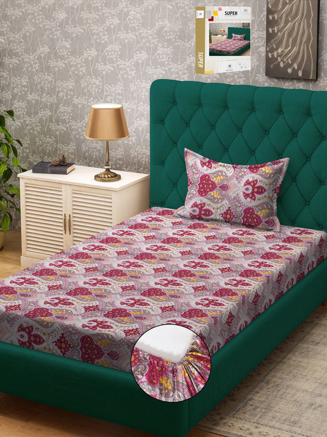 KLOTTHE Motif Etnik Merah Jambu & Beige Dicetak 300 TC Cadar Dilengkapi Tunggal Dengan Sarung Bantal