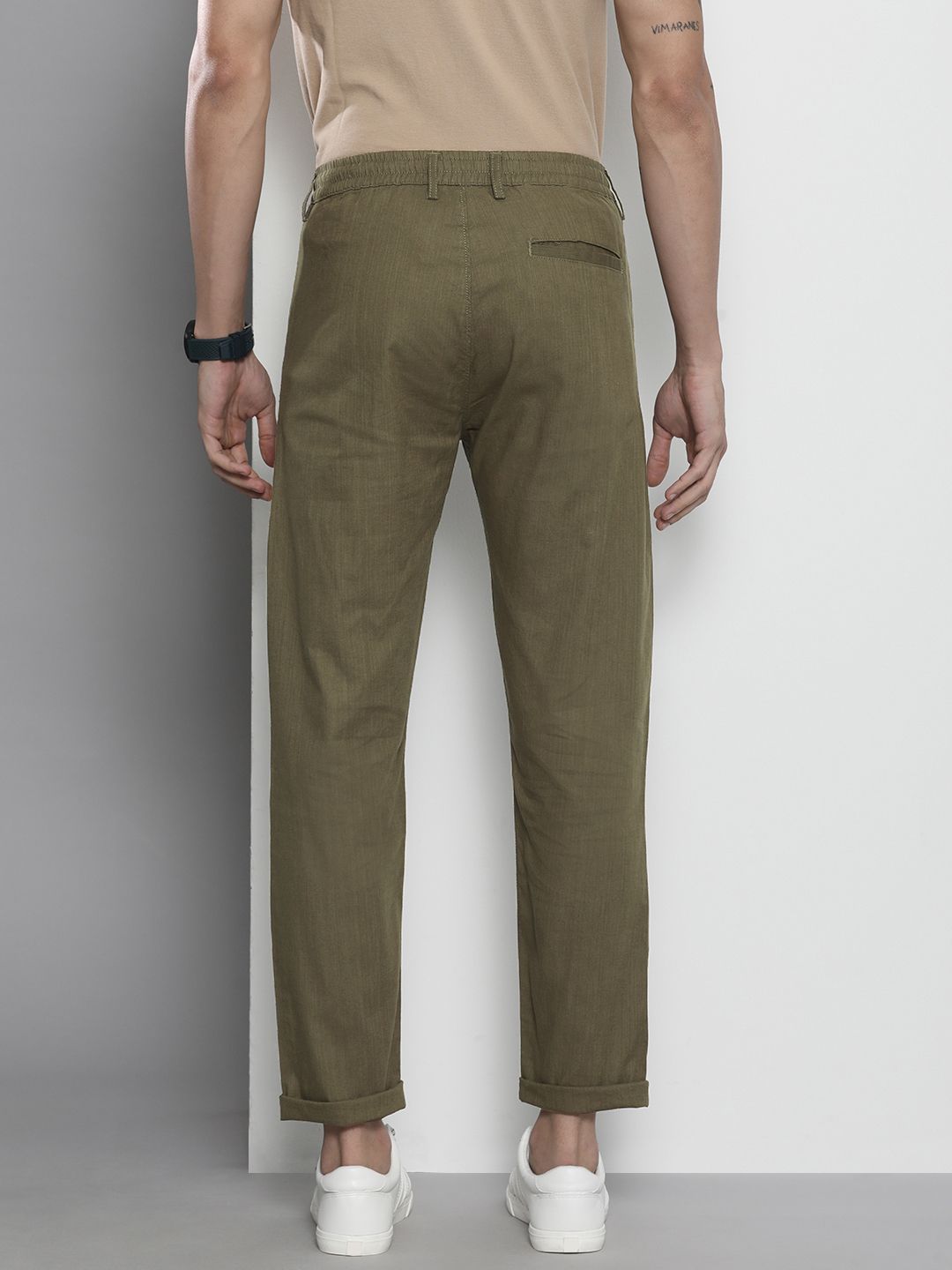 The Indian Garage Co Men Olive Green Slim Fit Linen Blend Trousers