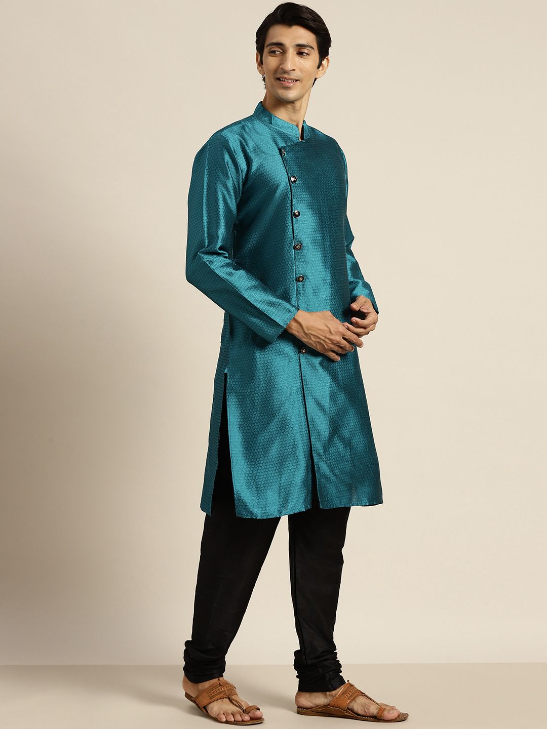 SOJANYA Men Teal Blue Woven Design Kurta