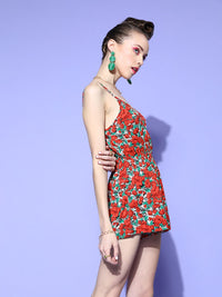Berrylush Women Red & Green Floral Print Playsuit