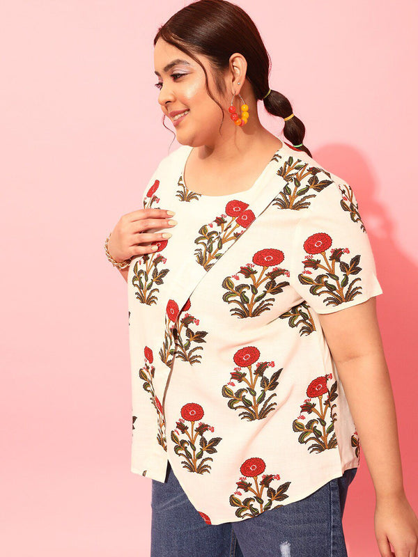 CURVY STREET Plus Size Floral Printed Square Neck Crepe Top