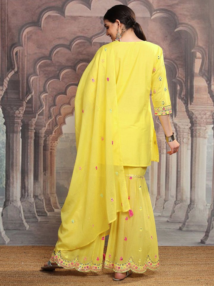 Vishudh Yellow Embroidered Mirror Work Pure Cotton Straight Kurta With Sharara & Dupatta