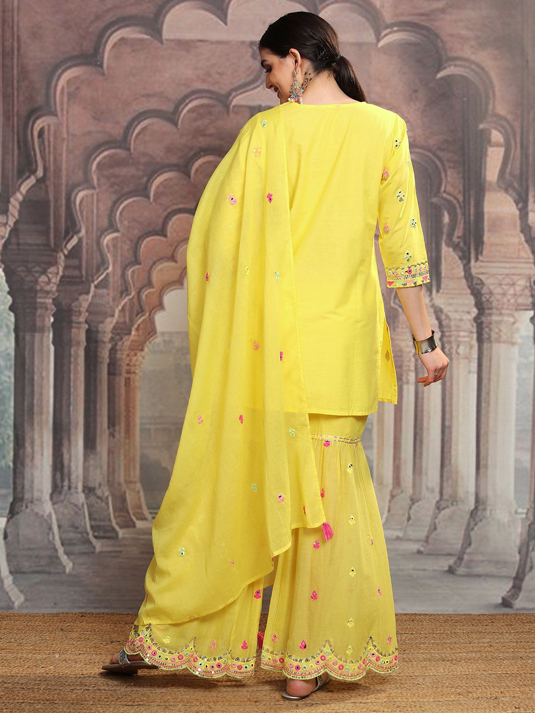 Vishudh Yellow Embroidered Mirror Work Pure Cotton Straight Kurta With Sharara & Dupatta
